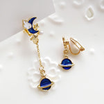 Korea Style Asymmetrical Fresh Enamel blue Star Moon Planet  Circle Clip on Earrings Non Pierced For Girl Women Party Gift